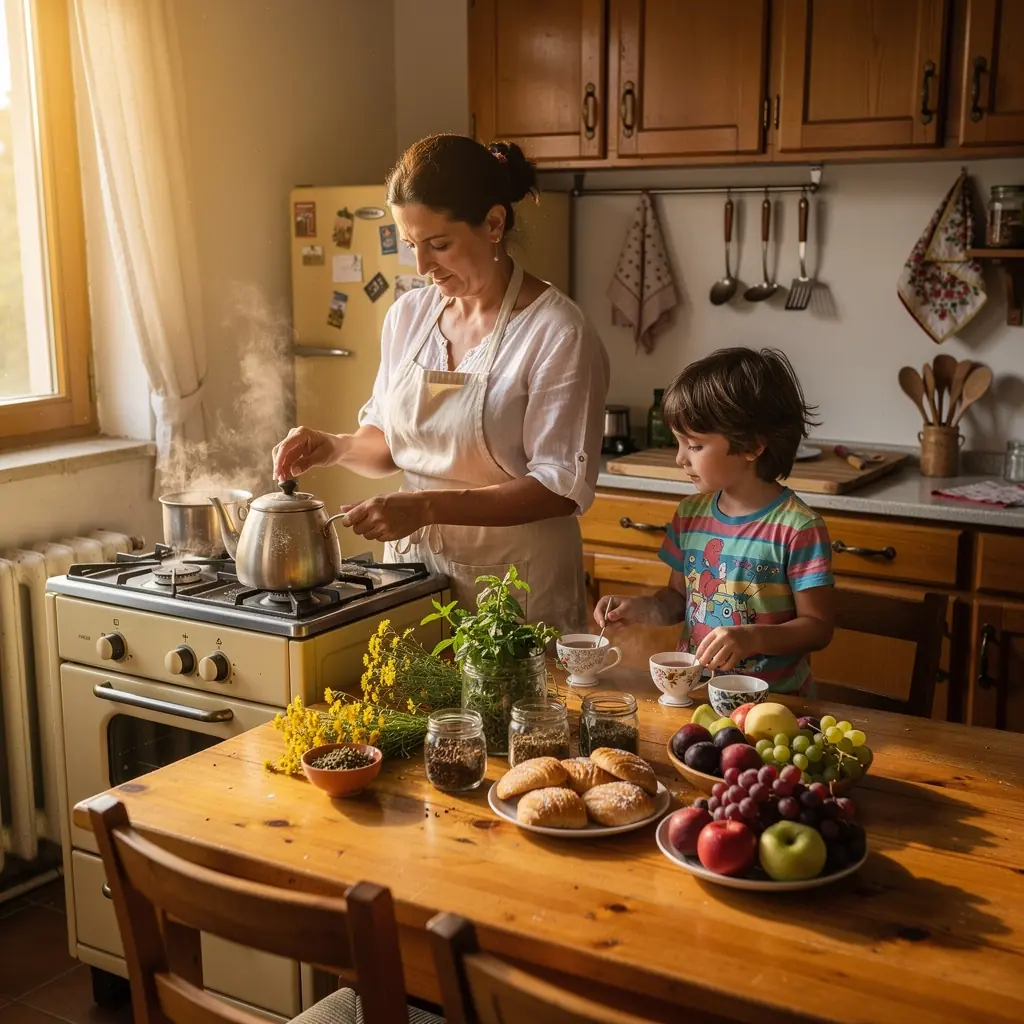 Pogled na čajnik s raznobojnim čajevima u sunčanoj terasi.