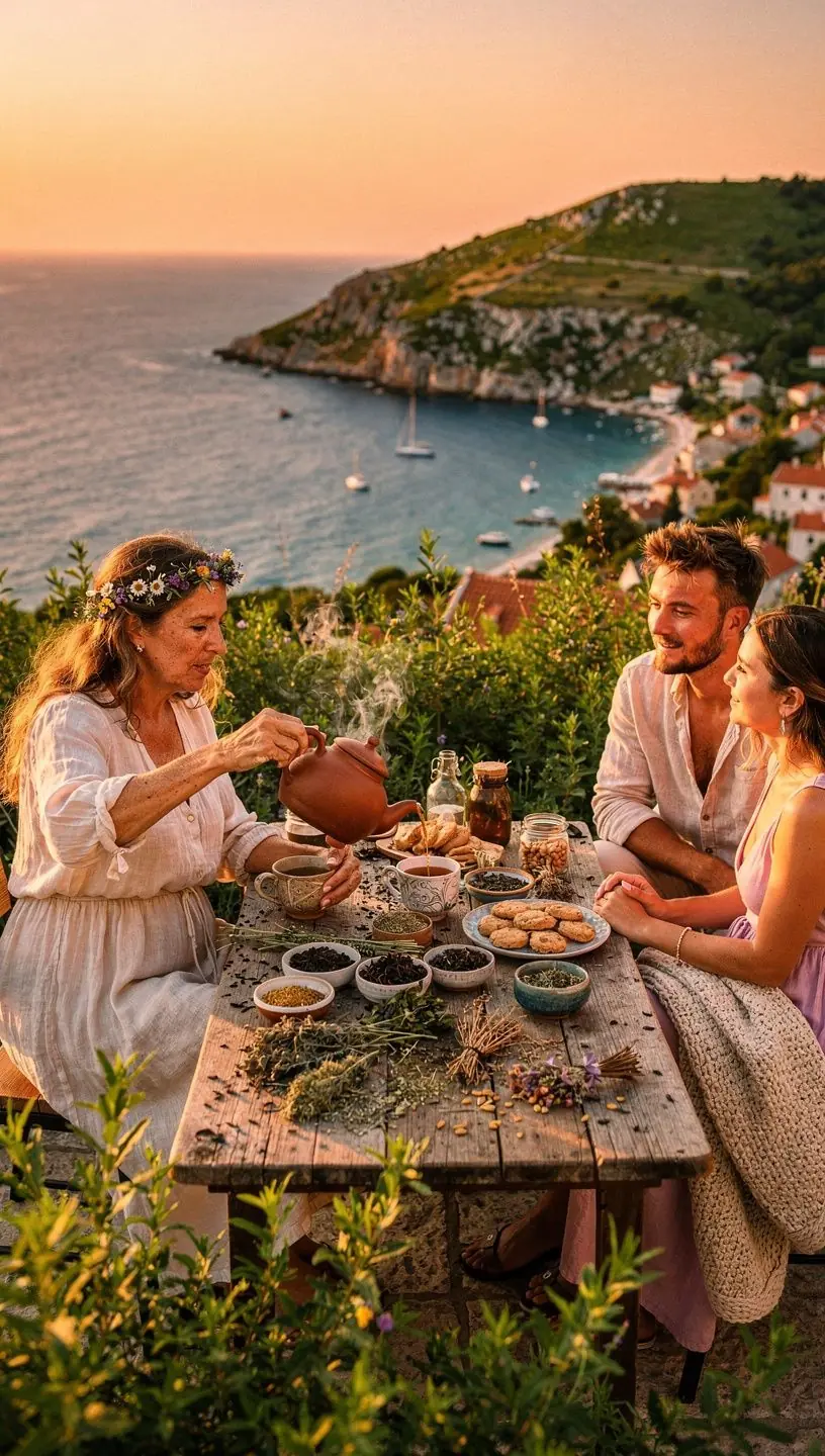 Zeleni čaj s limunskom travom okružen biljkama u opuštajućem ambijentu.
